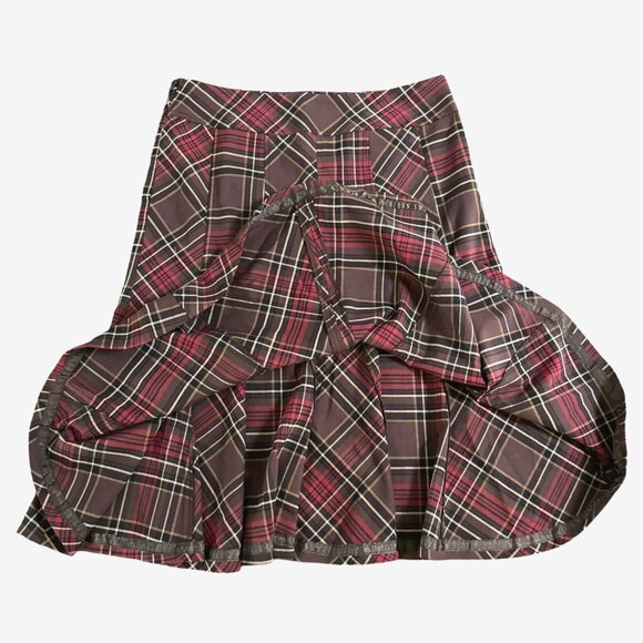 KENAR Brown & Red Plaid Flared Flounce Hem Long Skirt Stretch‎ Academia Corpcore - Picture 2 of 14